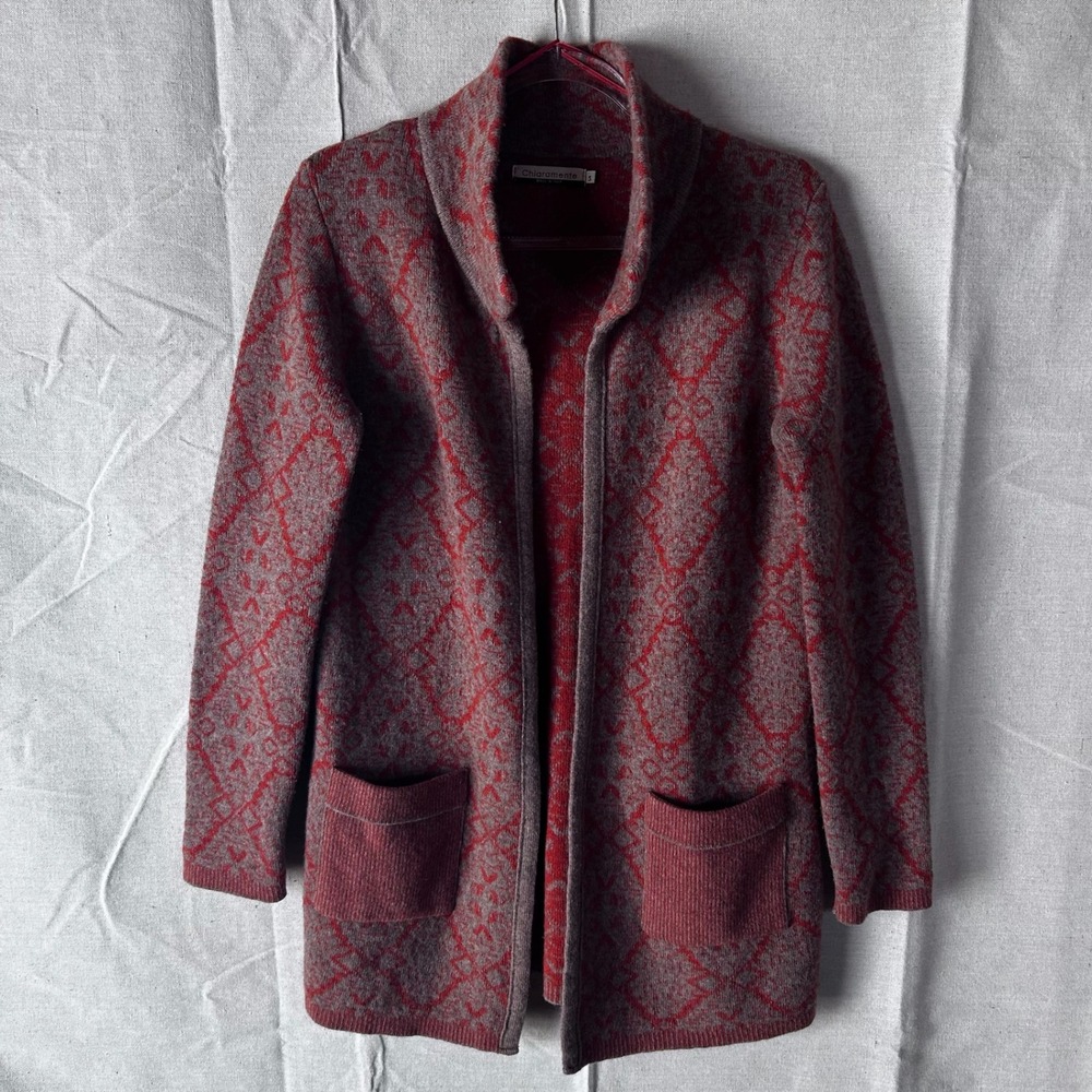 Chiaramente Italy Wool Blend Open Front Geometric Diamond Cardigan Sweater Small